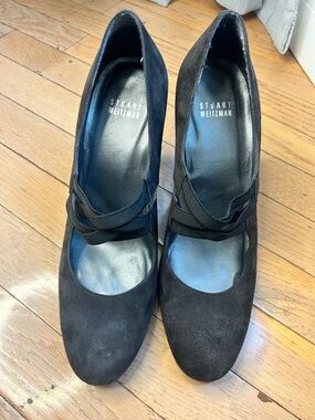 Stuart Weitzman Black Suede Mary Jane Pumps with Strap Detail
